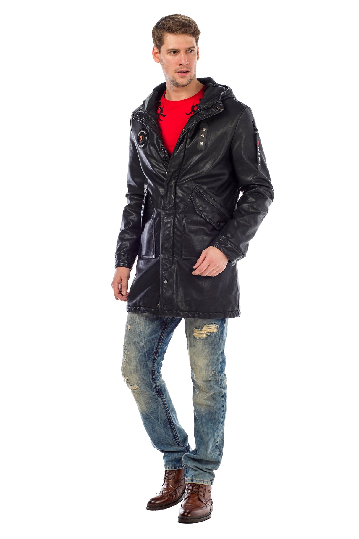 CM148 Men's Winter Jacket – Long cut in PU leather look | With hood & striking patch details