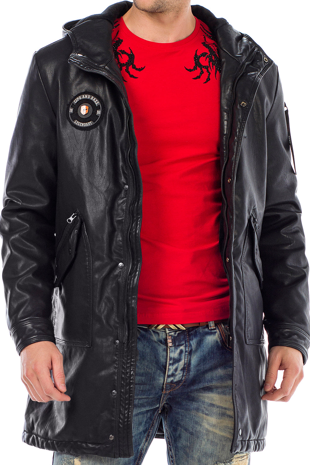 CM148 Men's Winter Jacket – Long cut in PU leather look | With hood & striking patch details
