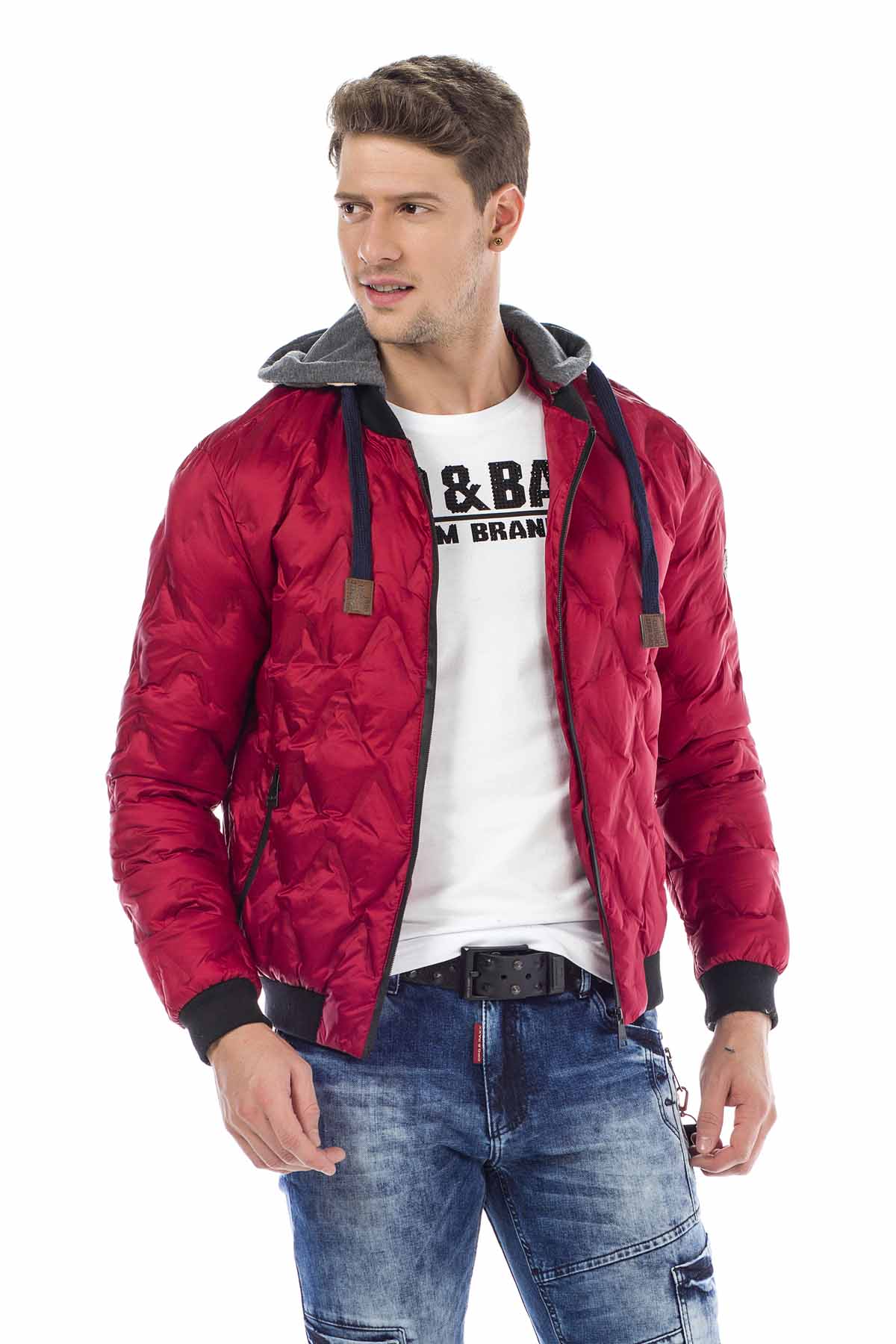 CM152 Men's Winter Jacket – Saxblue Quilted Jacket with Detachable Hood & Shiny Finish | Warm Streetwear for Cold Days