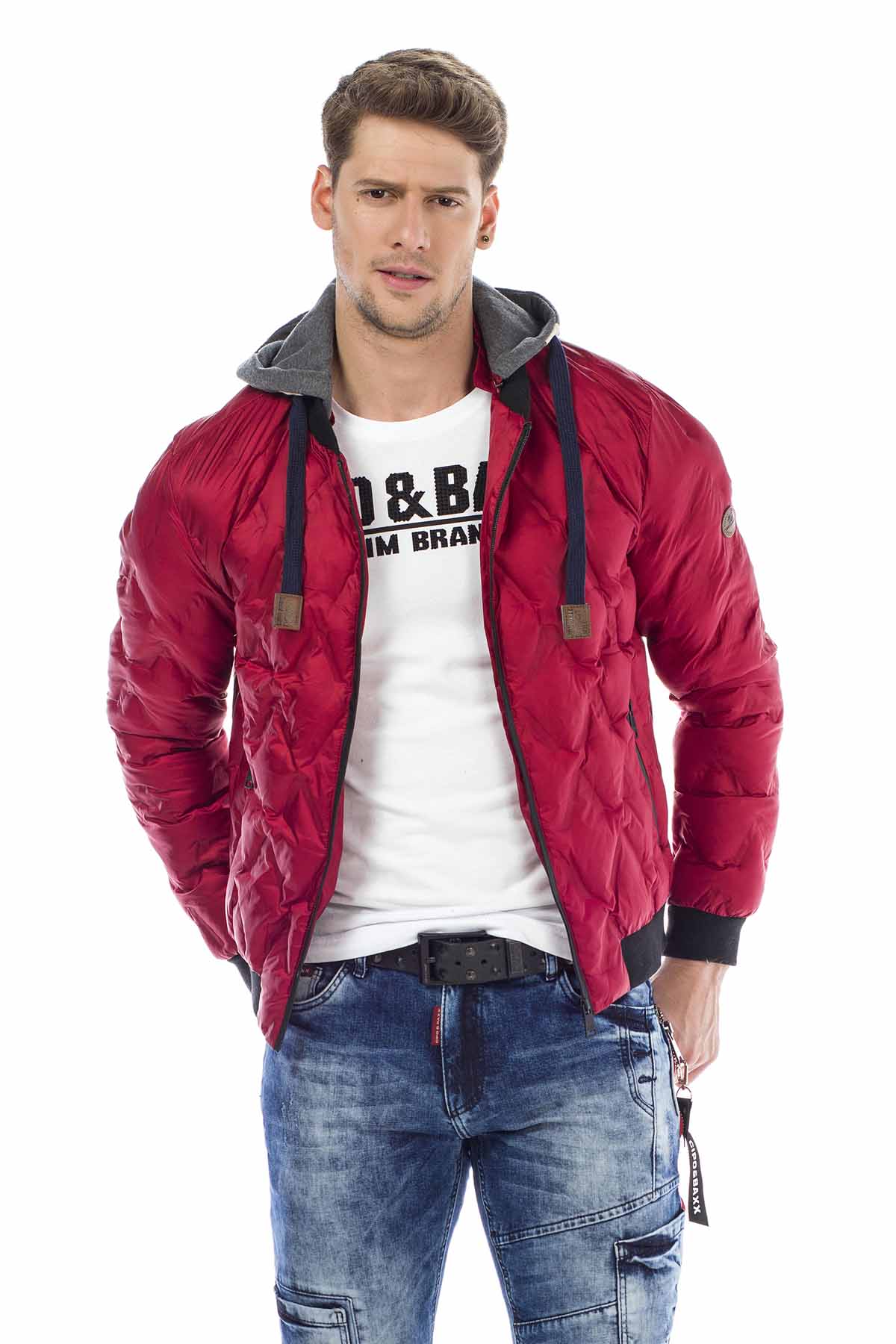 CM152 Men's Winter Jacket – Saxblue Quilted Jacket with Detachable Hood & Shiny Finish | Warm Streetwear for Cold Days