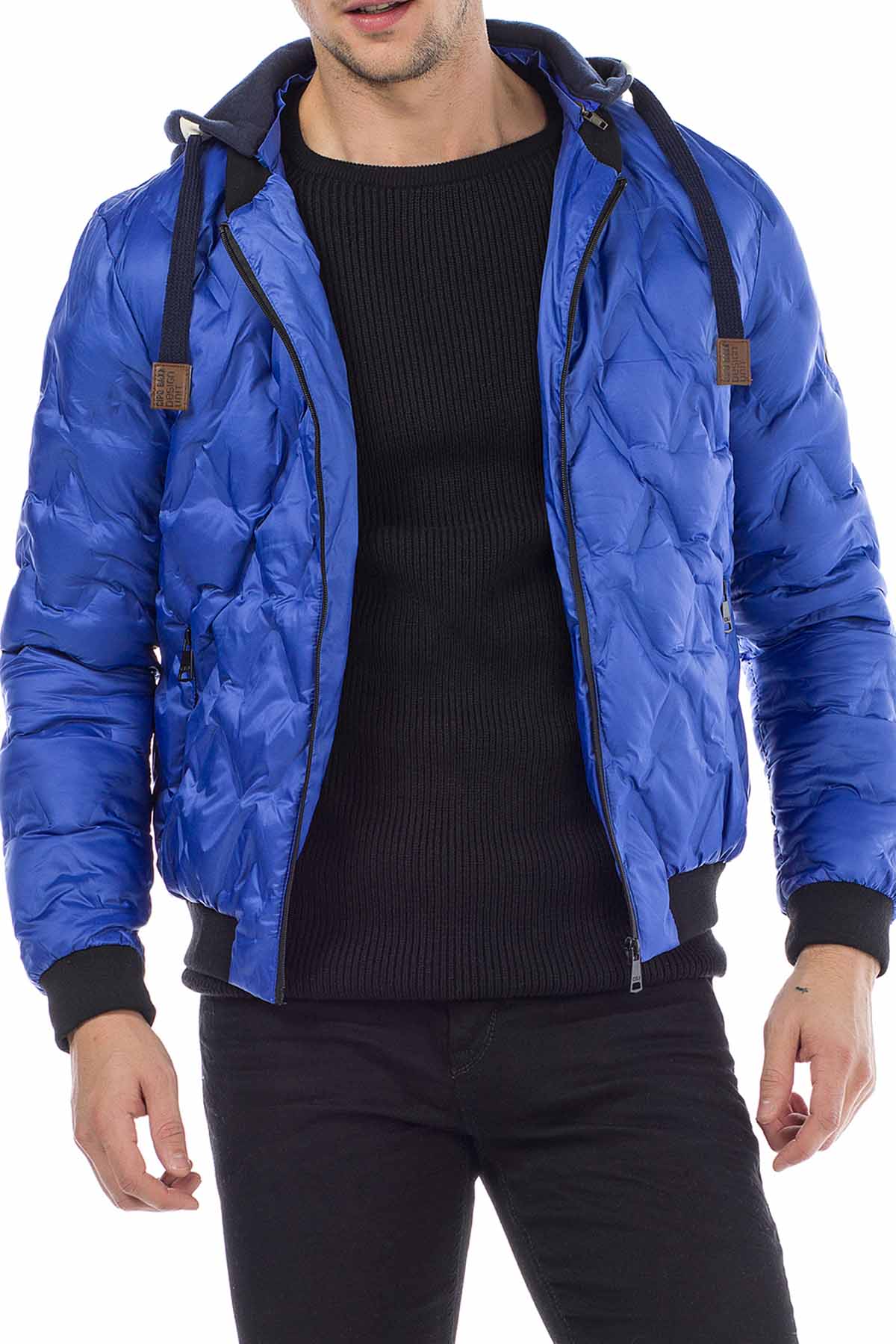 CM152 Men's Winter Jacket – Saxblue Quilted Jacket with Detachable Hood & Shiny Finish | Warm Streetwear for Cold Days