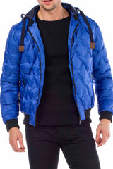 CM152 Men's Winter Jacket – Saxblue Quilted Jacket with Detachable Hood & Shiny Finish | Warm Streetwear for Cold Days