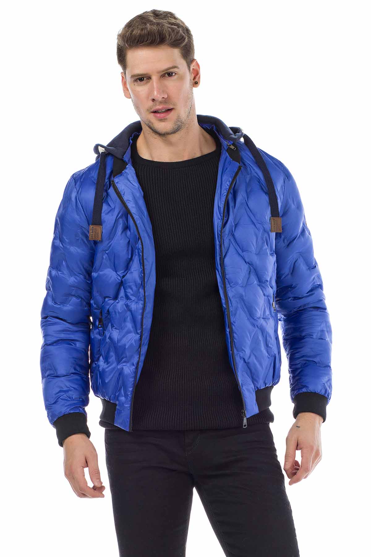 CM152 Men's Winter Jacket – Saxblue Quilted Jacket with Detachable Hood & Shiny Finish | Warm Streetwear for Cold Days