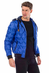 CM152 Men's Winter Jacket – Saxblue Quilted Jacket with Detachable Hood & Shiny Finish | Warm Streetwear for Cold Days