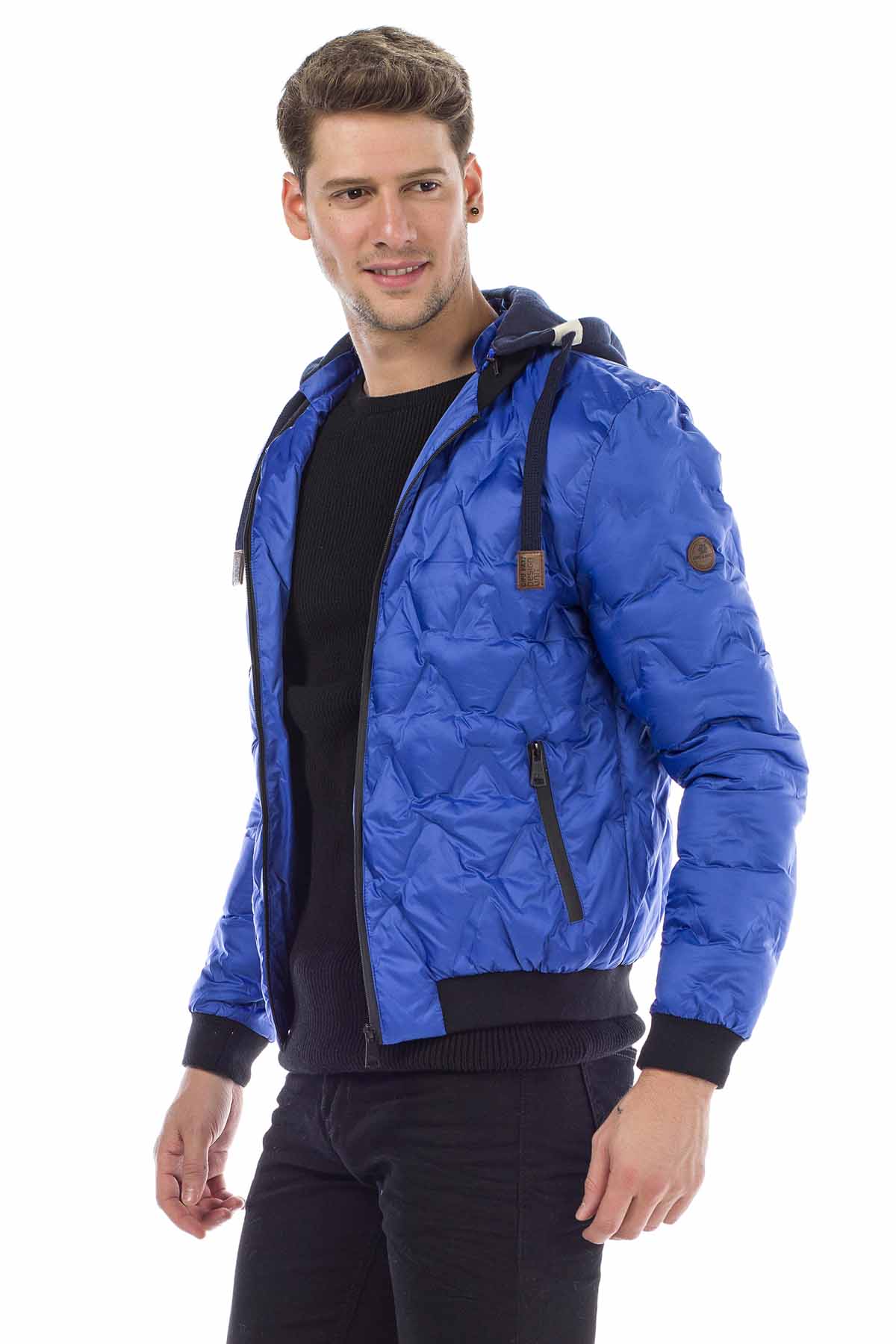CM152 Men's Winter Jacket – Saxblue Quilted Jacket with Detachable Hood & Shiny Finish | Warm Streetwear for Cold Days