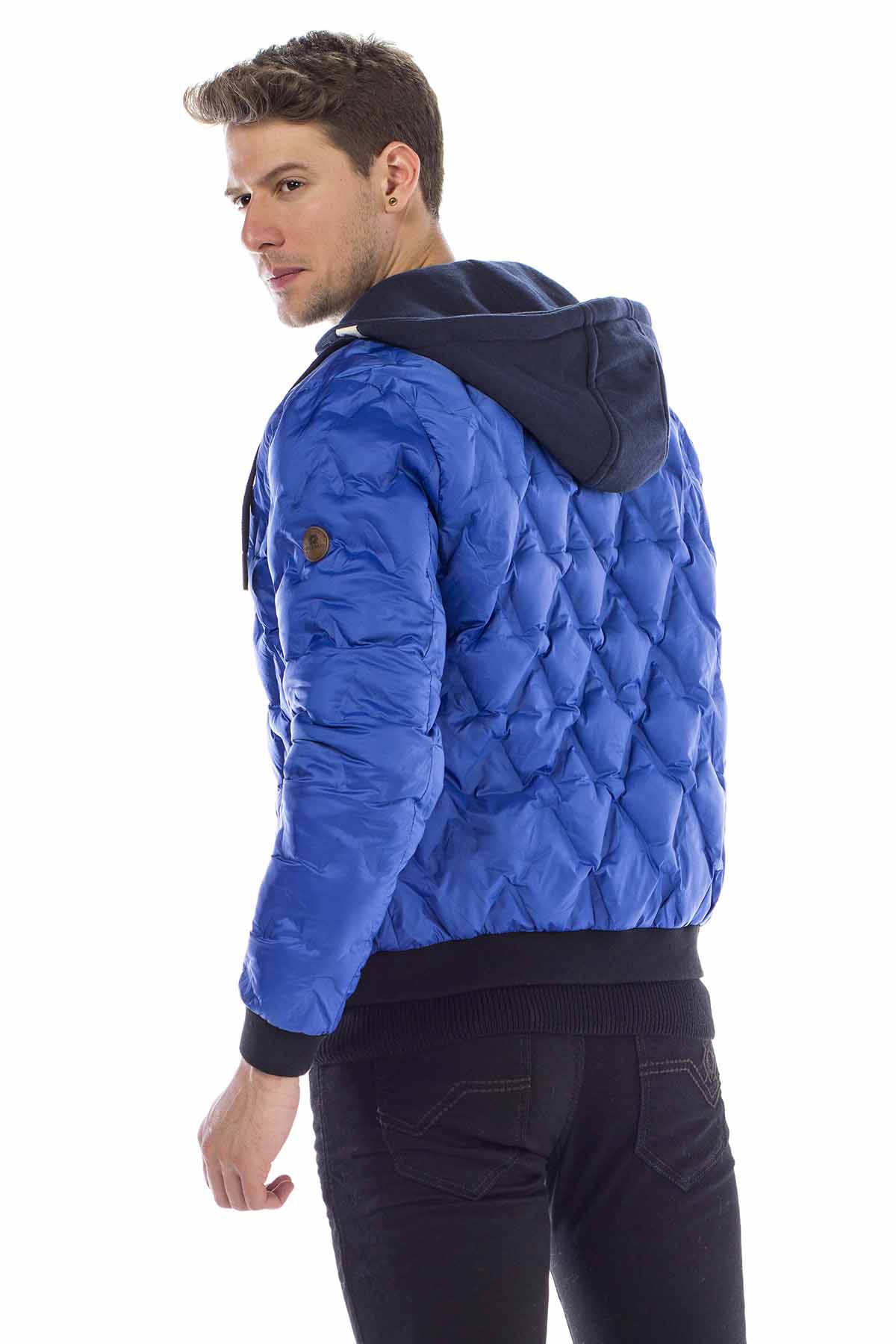CM152 Men's Winter Jacket – Saxblue Quilted Jacket with Detachable Hood & Shiny Finish | Warm Streetwear for Cold Days