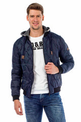 CM152 Men's Winter Jacket – Saxblue Quilted Jacket with Detachable Hood & Shiny Finish | Warm Streetwear for Cold Days