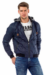 CM152 Men's Winter Jacket – Saxblue Quilted Jacket with Detachable Hood & Shiny Finish | Warm Streetwear for Cold Days