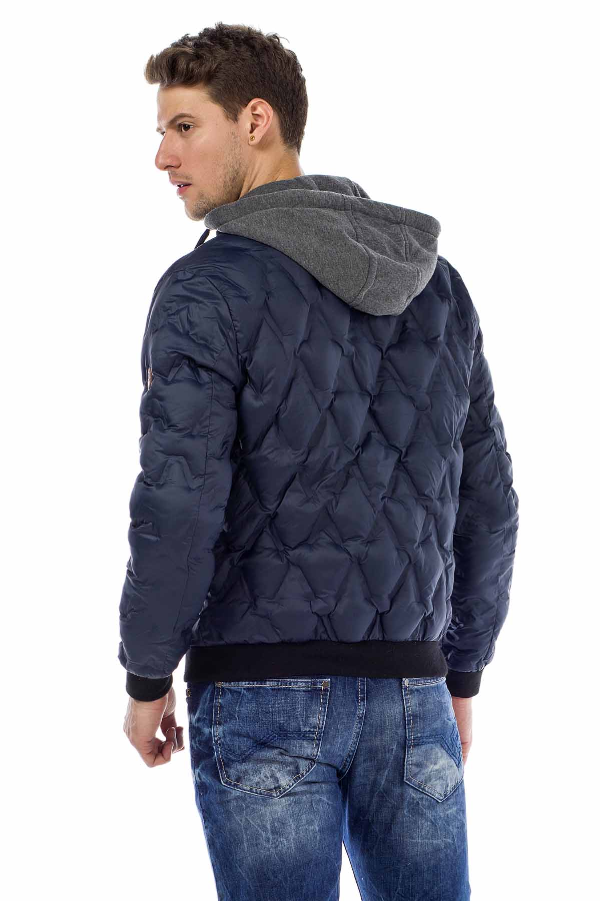CM152 Men's Winter Jacket – Saxblue Quilted Jacket with Detachable Hood & Shiny Finish | Warm Streetwear for Cold Days