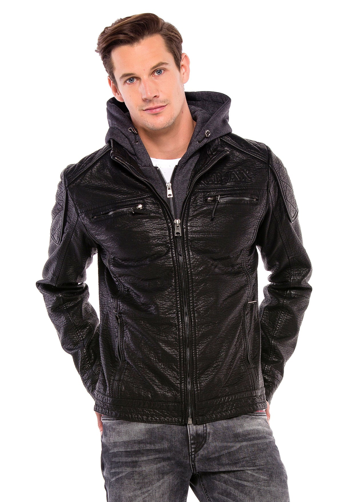 CM156 Men's Transitional Jacket – PU Leather Look with Detachable Hood | Textured Details & Sporty Cut