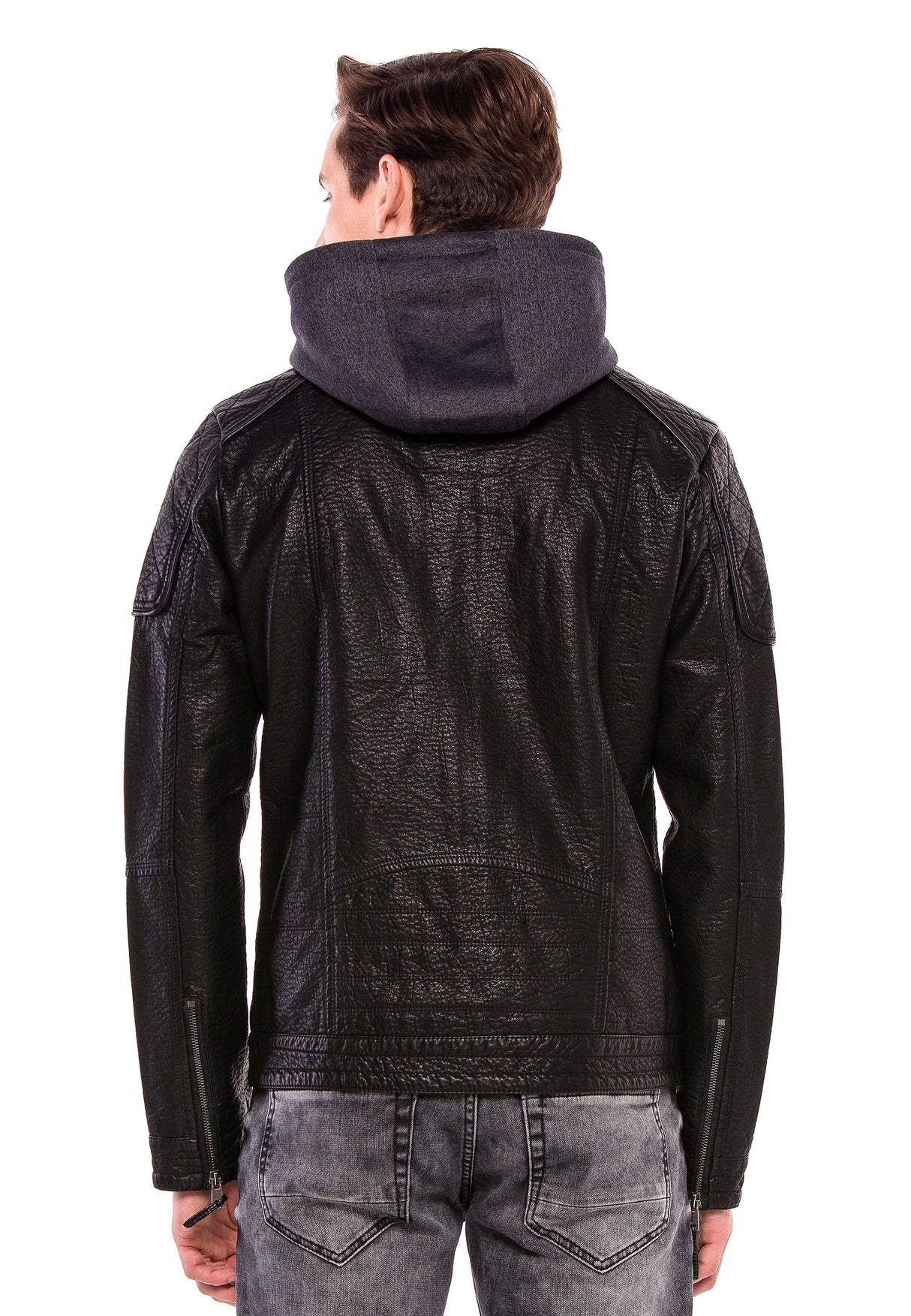 CM156 Men's Transitional Jacket – PU Leather Look with Detachable Hood | Textured Details & Sporty Cut