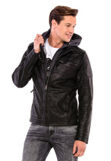 CM156 Men's Transitional Jacket – PU Leather Look with Detachable Hood | Textured Details & Sporty Cut