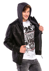 CM156 Men's Transitional Jacket – PU Leather Look with Detachable Hood | Textured Details & Sporty Cut
