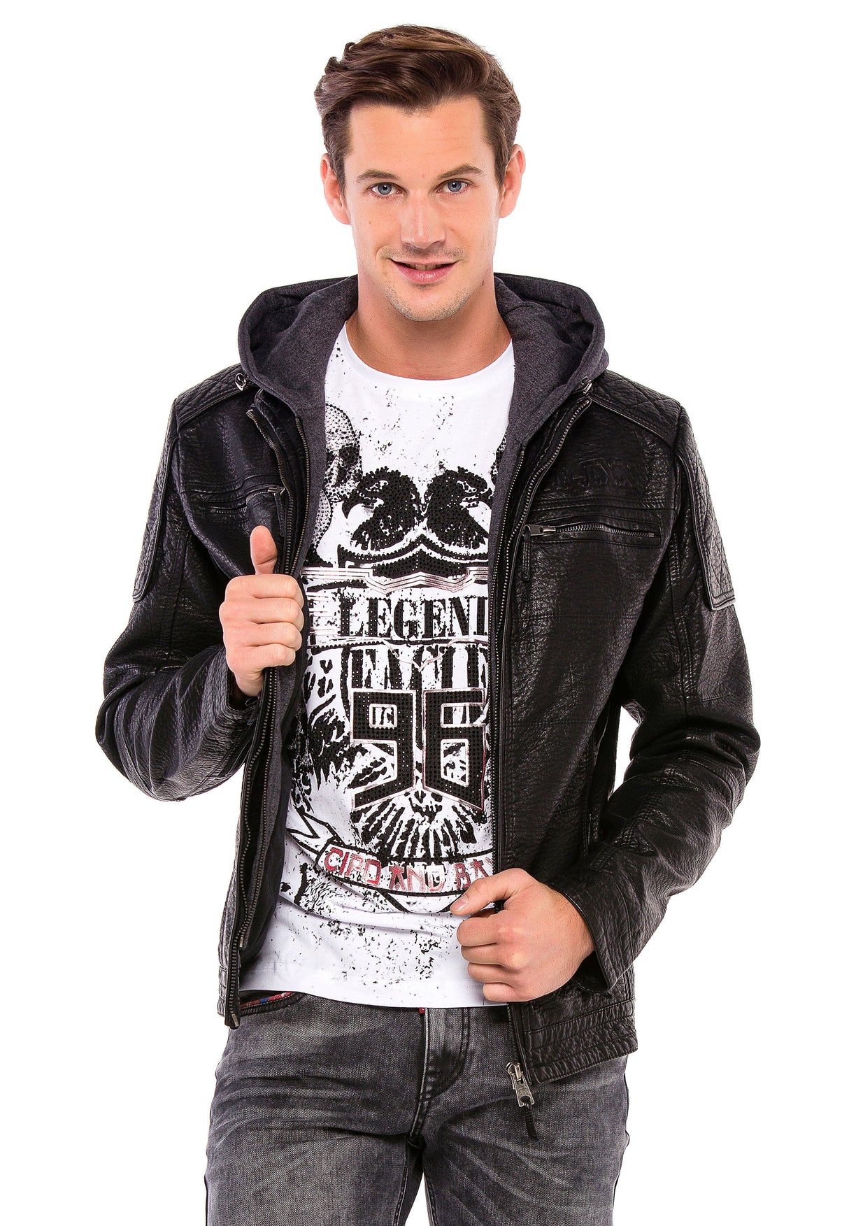 CM156 Men's Transitional Jacket – PU Leather Look with Detachable Hood | Textured Details & Sporty Cut