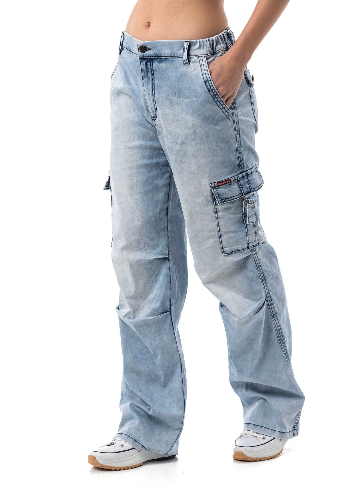 WD544 Women's Baggy Jeans – Relaxed Fit Trousers in Ice Blue with Cargo Pockets