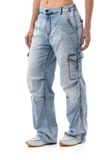 WD544 Women's Baggy Jeans – Relaxed Fit Trousers in Ice Blue with Cargo Pockets