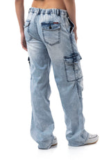 WD544 Women's Baggy Jeans – Relaxed Fit Trousers in Ice Blue with Cargo Pockets