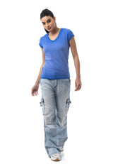 WD544 Women's Baggy Jeans – Relaxed Fit Trousers in Ice Blue with Cargo Pockets