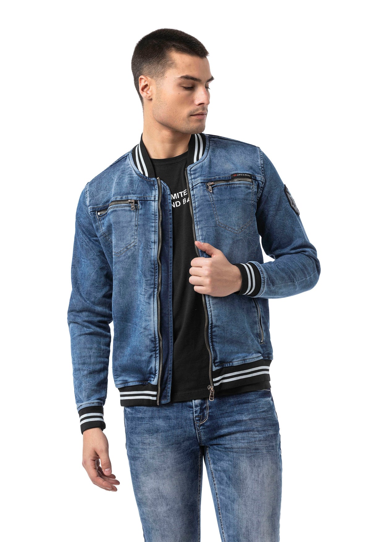 CJ310 Men's denim jacket with striped cuffs and college collar