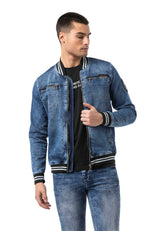 CJ310 Men's denim jacket with striped cuffs and college collar