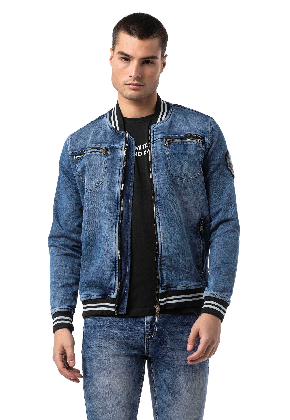 CJ310 Men's denim jacket with striped cuffs and college collar