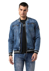 CJ310 Men's denim jacket with striped cuffs and college collar