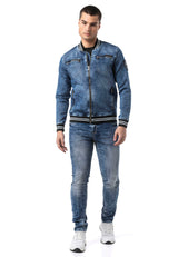 CJ310 Men's denim jacket with striped cuffs and college collar