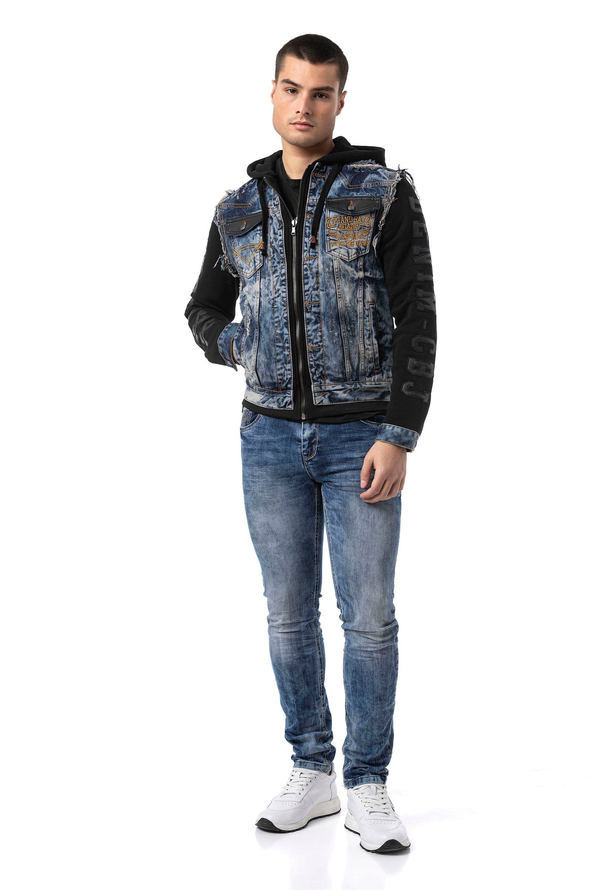 CJ309 Men's denim jacket with sweat hood and sweat sleeves