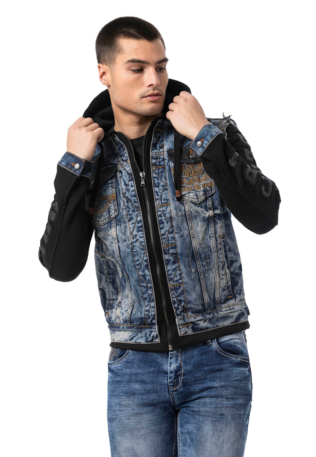 CJ309 Men's denim jacket with sweat hood and sweat sleeves