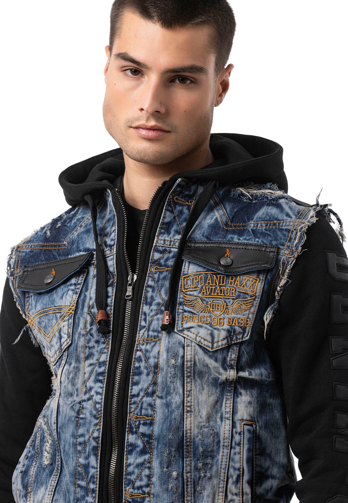 CJ309 Men's denim jacket with sweat hood and sweat sleeves