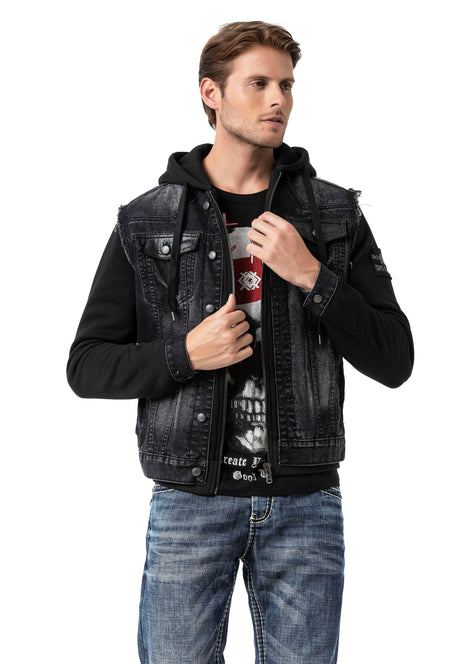 CJ307 Men's denim jacket with sweat sleeves and hood