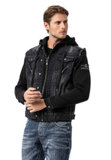 CJ307 Men's denim jacket with sweat sleeves and hood