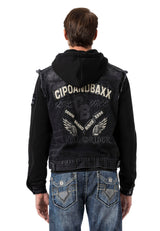 CJ307 Men's denim jacket with sweat sleeves and hood