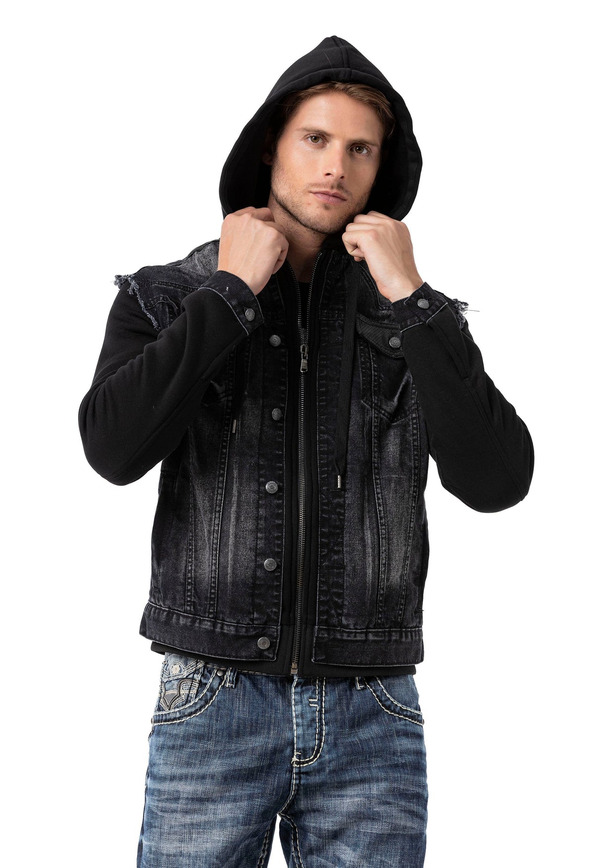 CJ307 Men's denim jacket with sweat sleeves and hood