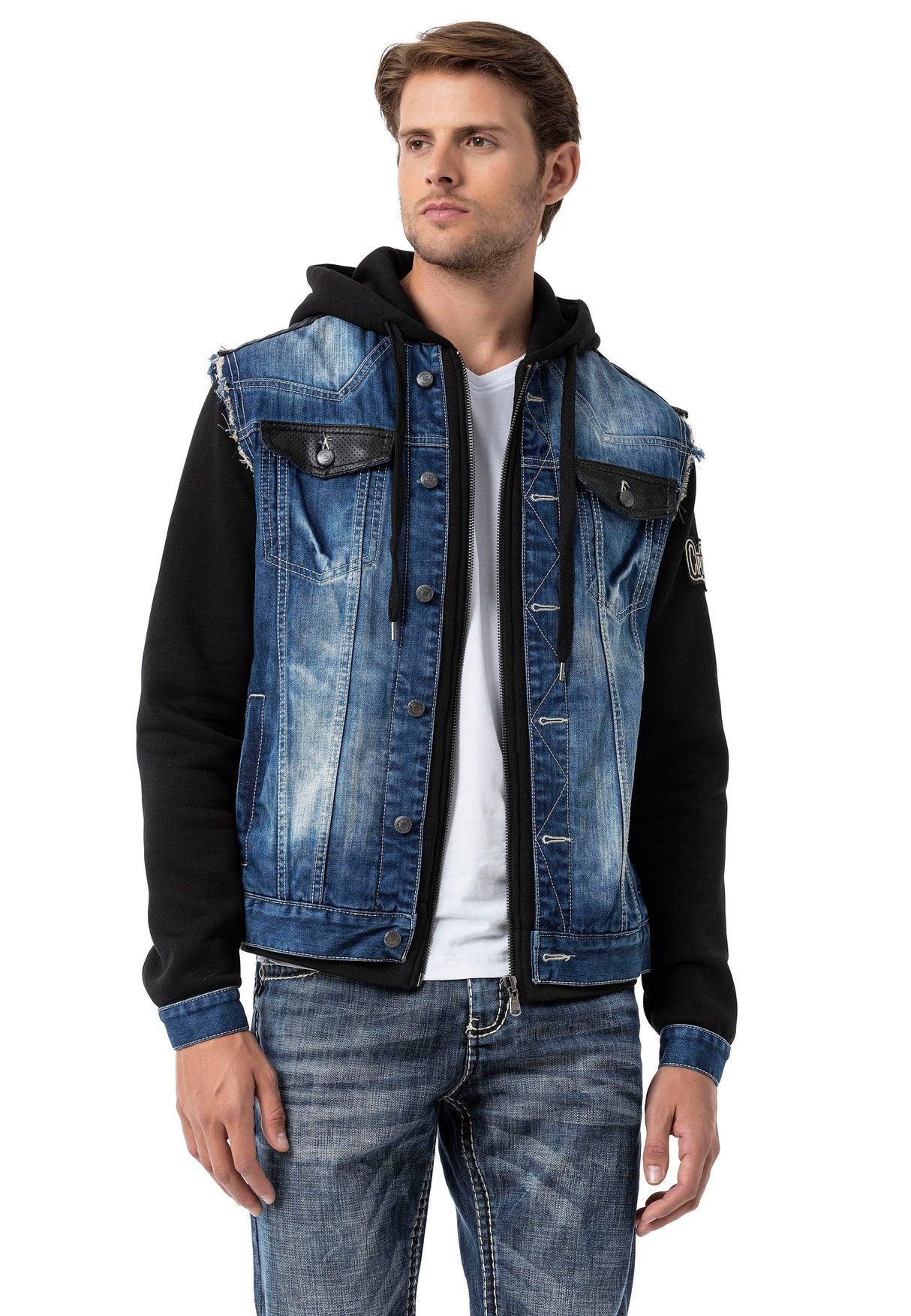 CJ307 Men's denim jacket with sweat sleeves and hood