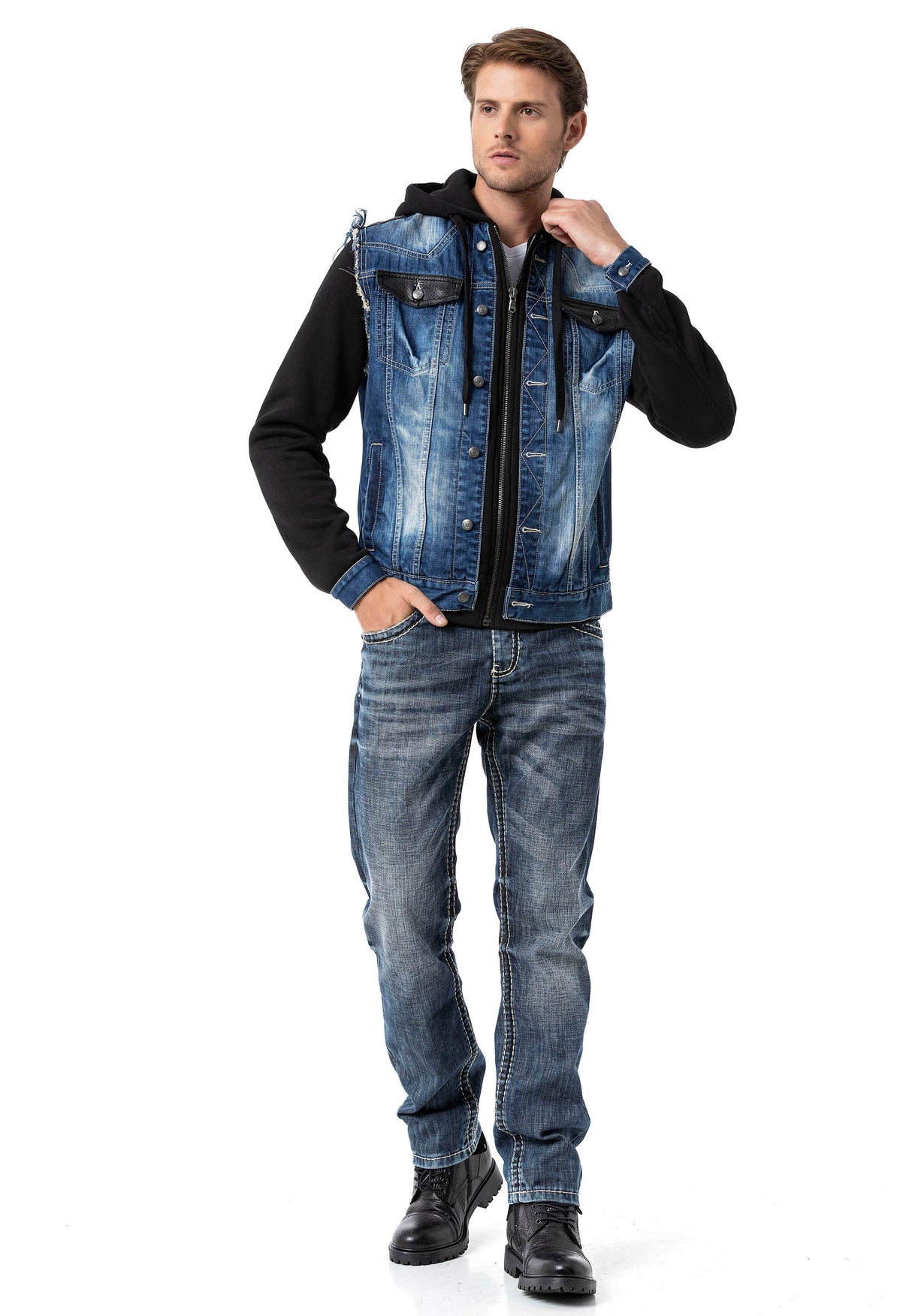 CJ307 Men's denim jacket with sweat sleeves and hood