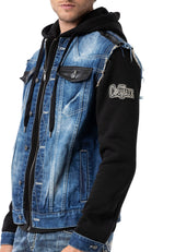 CJ307 Men's denim jacket with sweat sleeves and hood