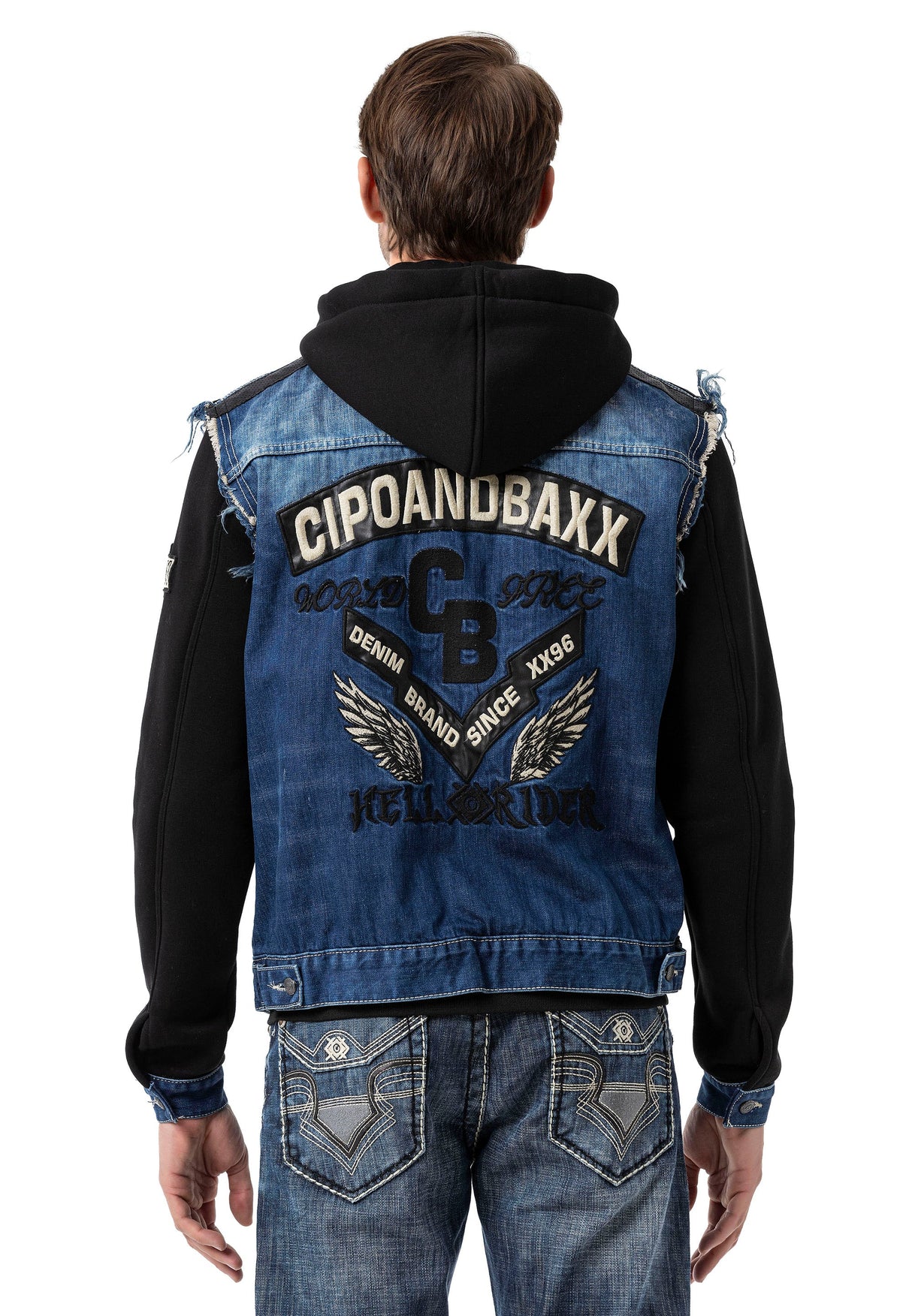 CJ307 Men's denim jacket with sweat sleeves and hood
