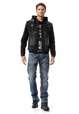 CJ307 Men's denim jacket with sweat sleeves and hood
