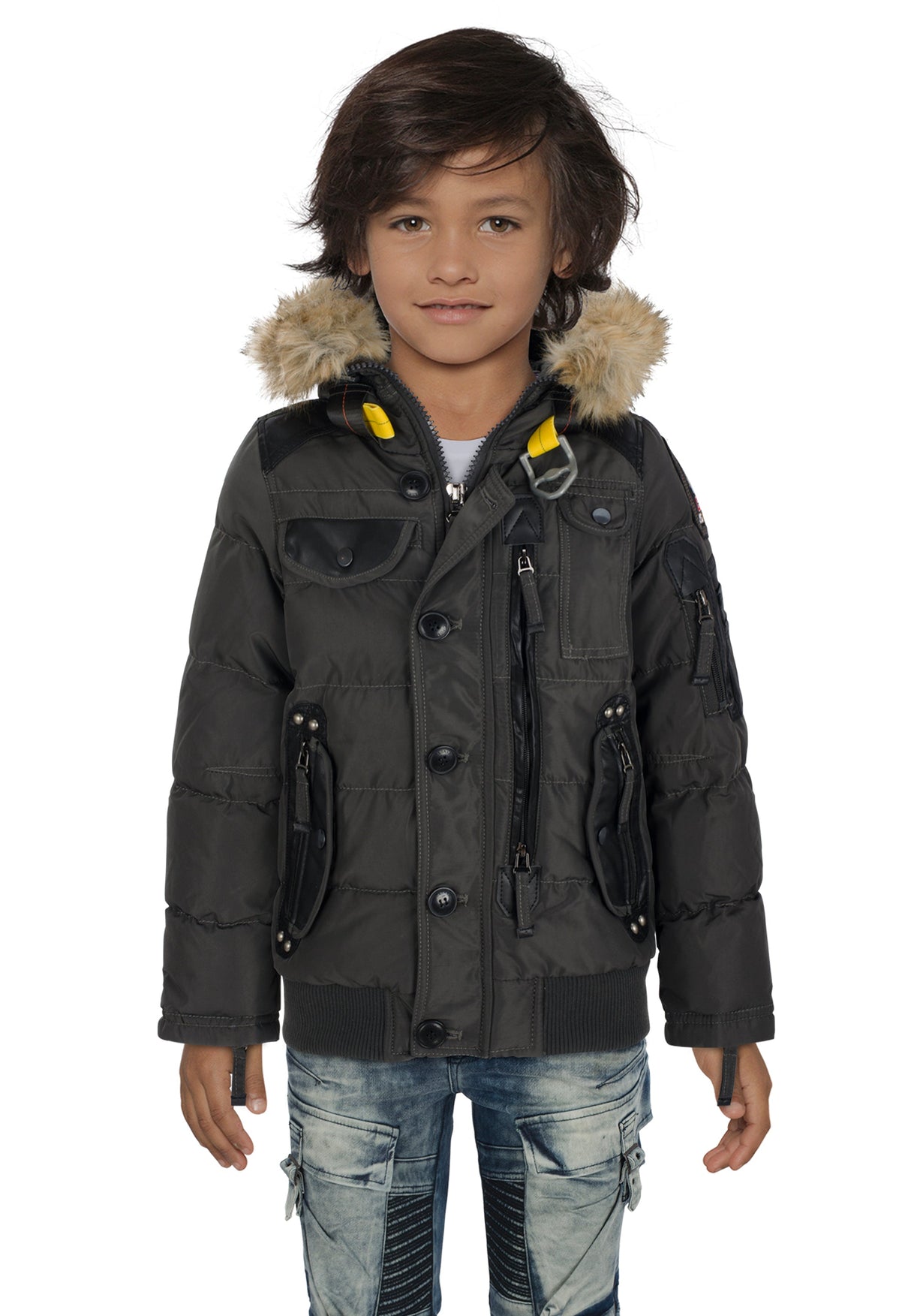 CMK103 Boys' Winter Jacket – Black children's jacket with fur hood & zippered pockets