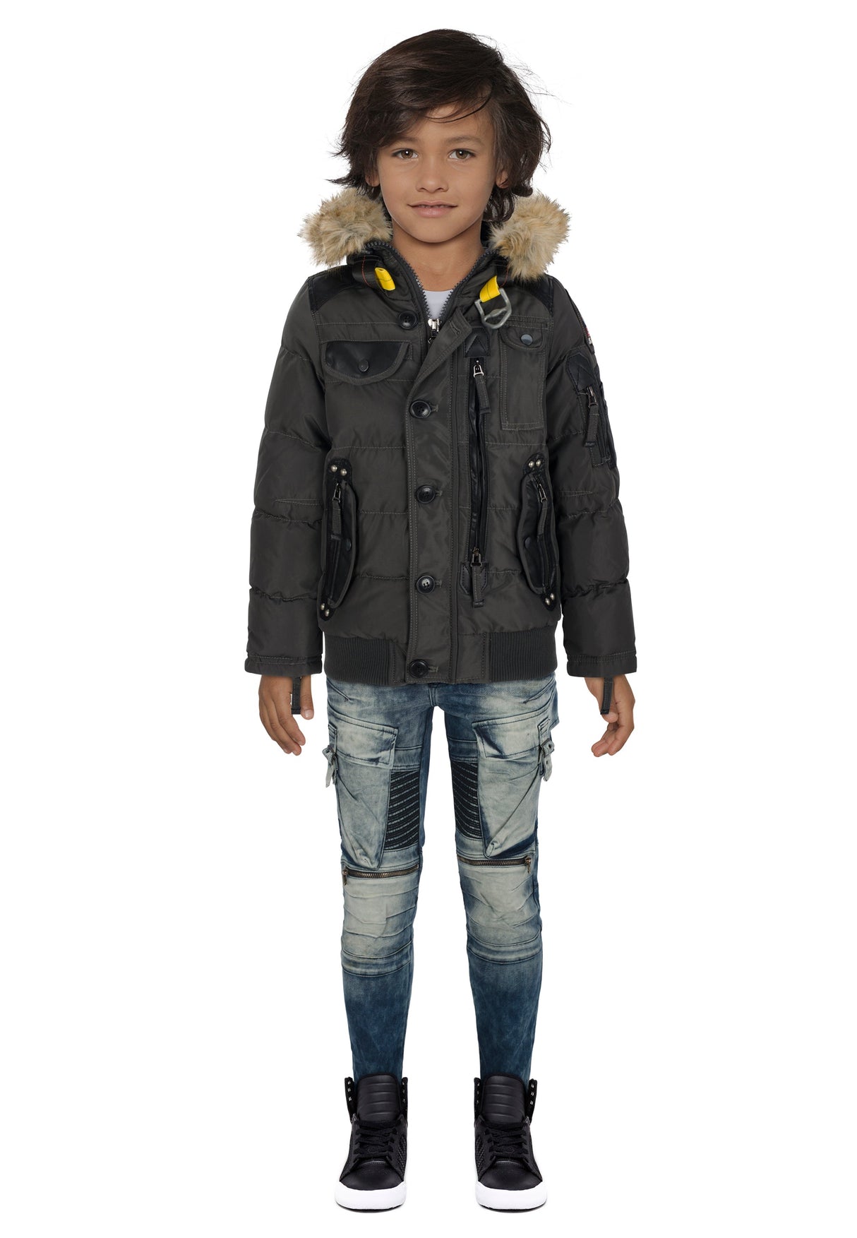 CMK103 Boys' Winter Jacket – Black children's jacket with fur hood & zippered pockets