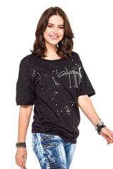 WT254 Oversized Women's T-Shirt with Lettering & Destroyed Details – Black