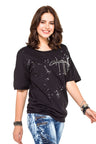 WT254 Oversized Women's T-Shirt with Lettering & Destroyed Details – Black