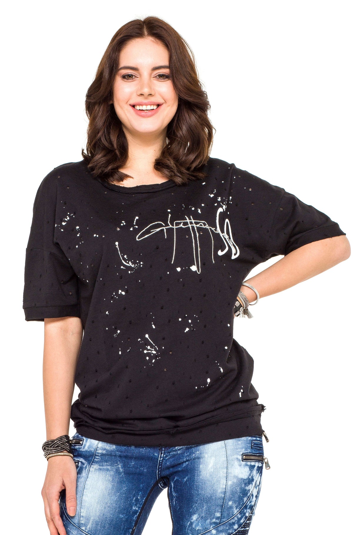 WT254 Oversized Women's T-Shirt with Lettering & Destroyed Details – Black