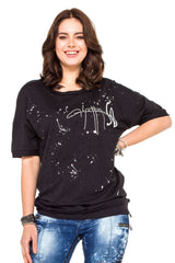WT254 Oversized Women's T-Shirt with Lettering & Destroyed Details – Black