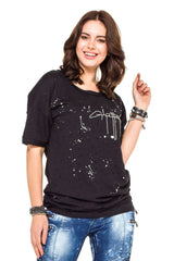 WT254 Oversized Women's T-Shirt with Lettering & Destroyed Details – Black