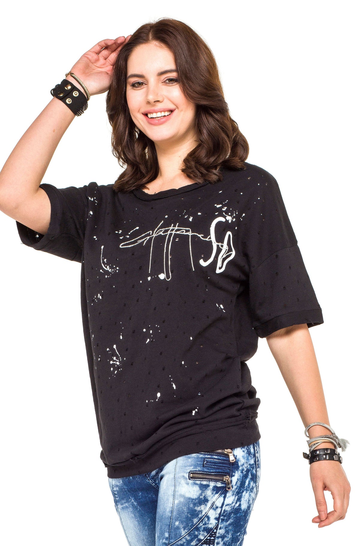 WT254 Oversized Women's T-Shirt with Lettering & Destroyed Details – Black