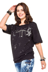 WT254 Oversized Women's T-Shirt with Lettering & Destroyed Details – Black