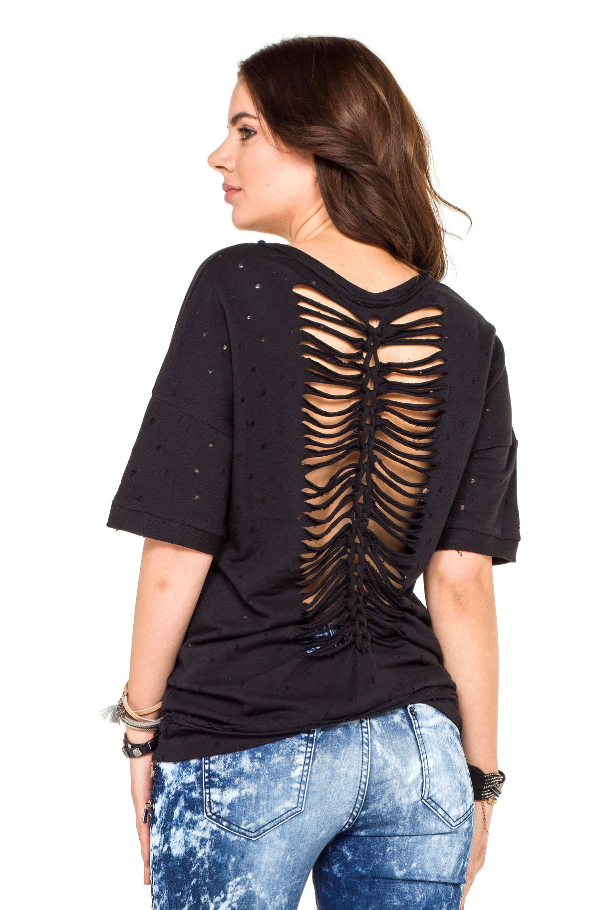 WT254 Oversized Women's T-Shirt with Lettering & Destroyed Details – Black