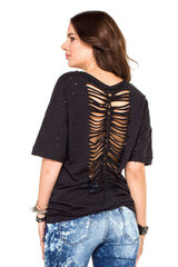 WT254 Oversized Women's T-Shirt with Lettering & Destroyed Details – Black